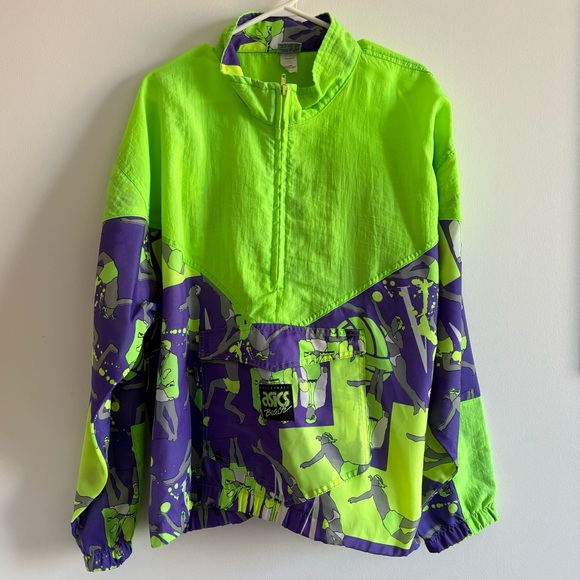 80s Vintage Asics Volleyball Retro Windbreaker Neon Green Purple Large - Picture 14 of 14